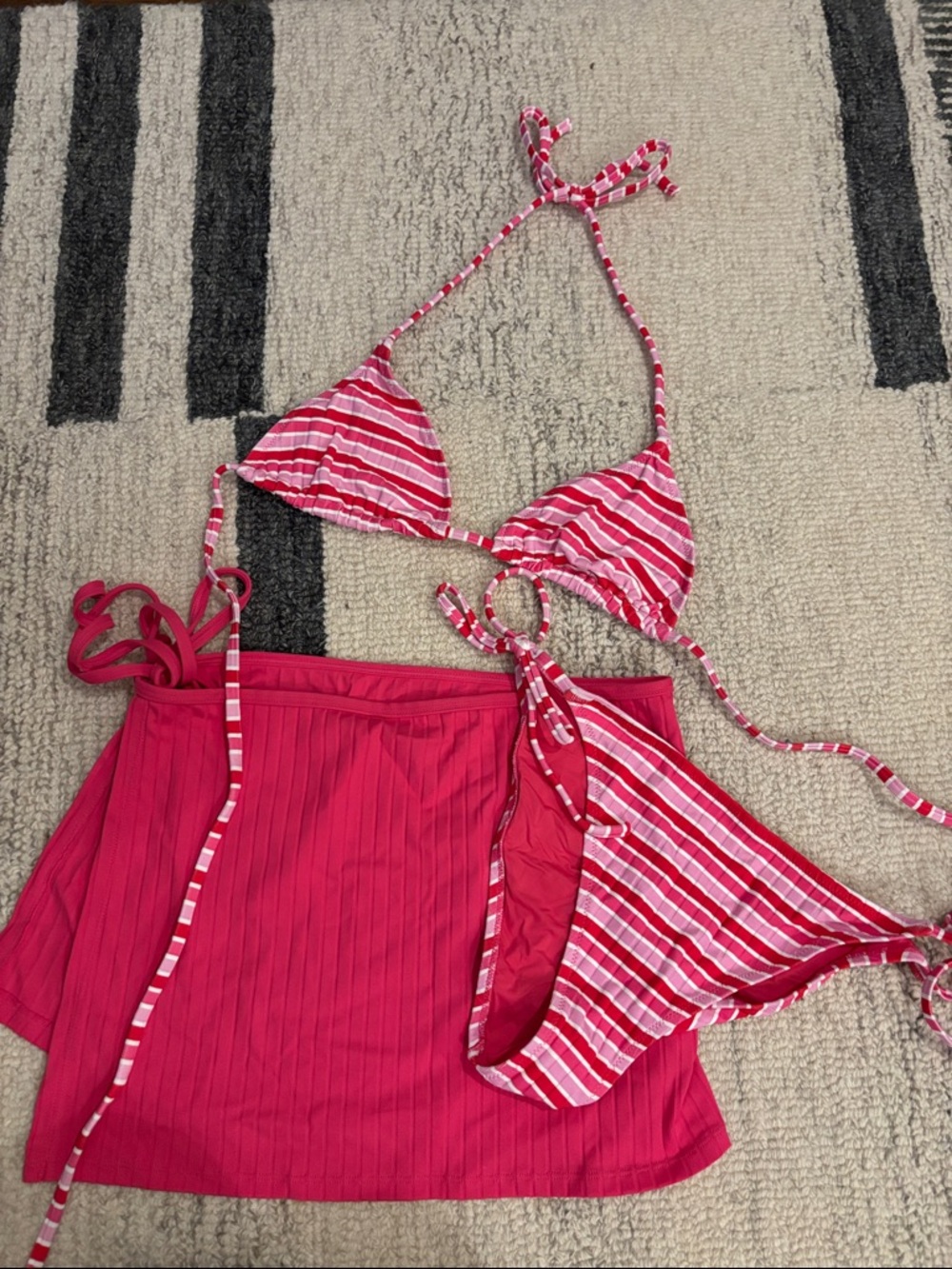 SOLID & STRIPED Pink & White Striped Triangle Bikini, Top & Skirt
